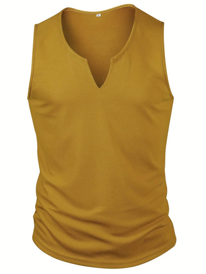 Men's V-Neck Waffle Knit Top - Stylish & Retro Casual Wear in Vibrant Yellow - Buy Center US