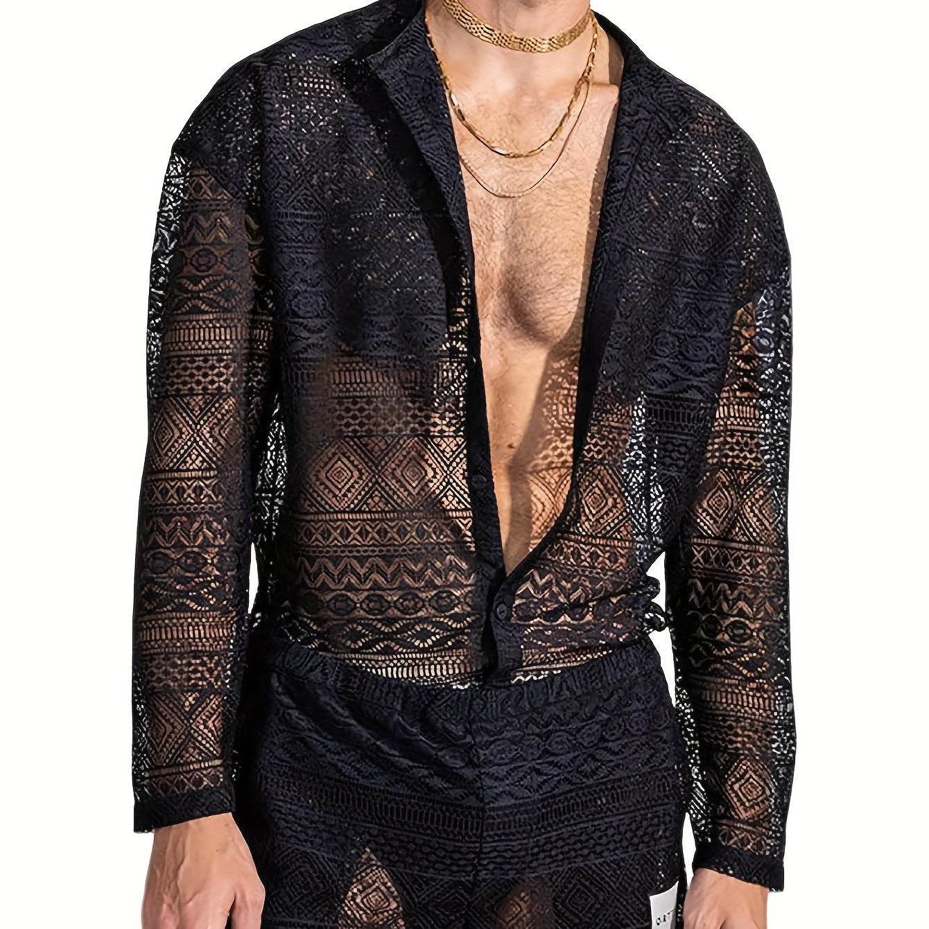 Men's Lace Sheer 2-Piece Shirt and Shorts Set - Sexy Summer Outfit - Buy Center US