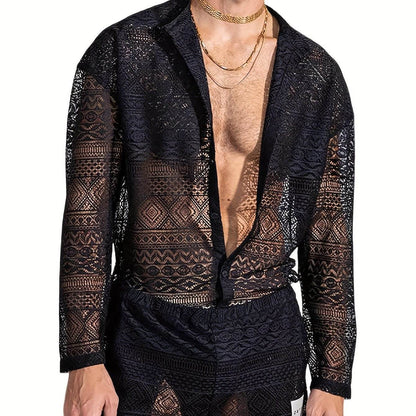 Men's Lace Sheer 2-Piece Shirt and Shorts Set - Sexy Summer Outfit - Buy Center US