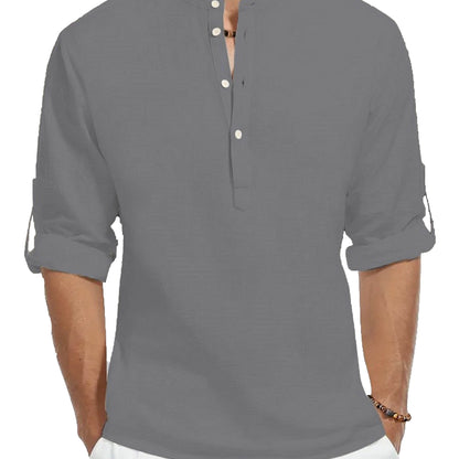 Men's 100% Cotton Long Sleeve Shirt - Casual Solid Color Stand Collar - Buy Center US