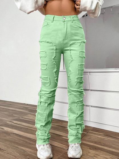 Women's Embroidered Straight-Leg Jeans - Fashionable Patchwork Design - Buy Center US