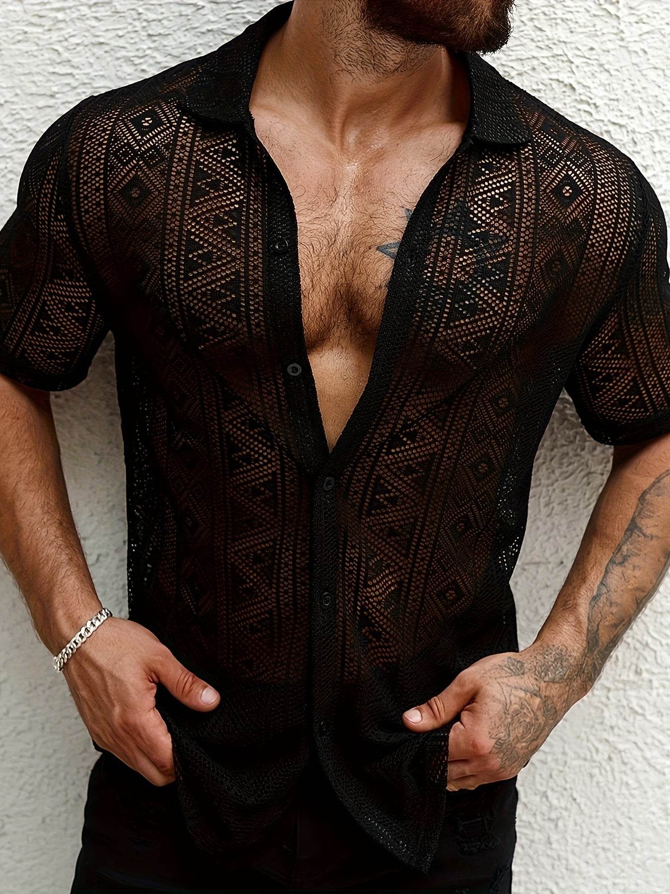 Men's Casual Lapel Button-Up Shirt - Geometric Print, Short Sleeve Summer Style - Buy Center US
