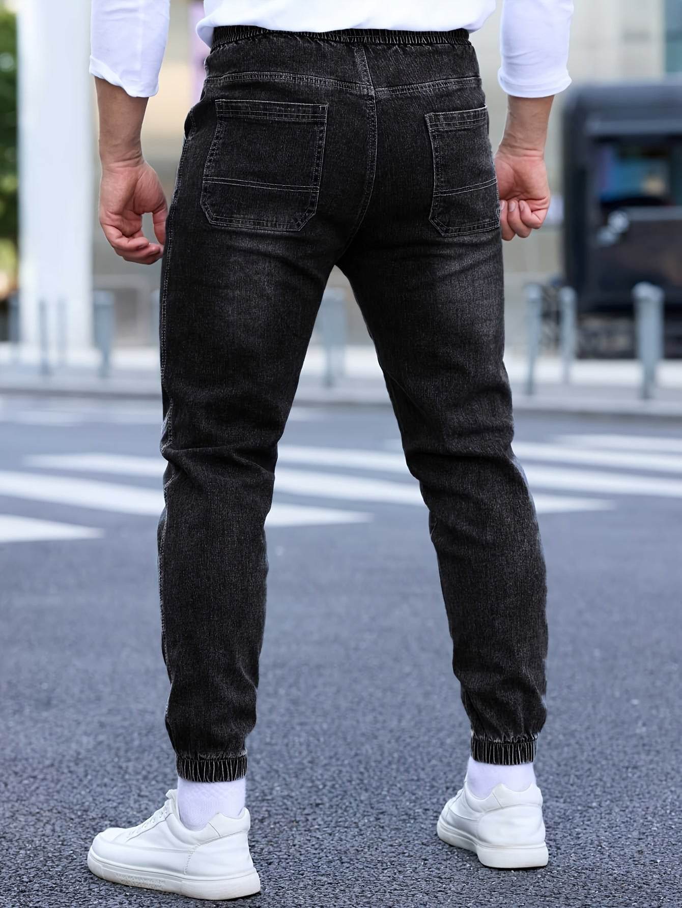 Men's Cropped Denim Pants with Pockets - Casual Drawstring Cotton Blend - Buy Center US