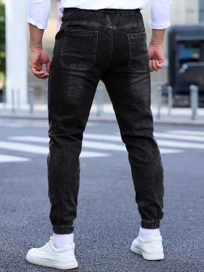 Men's Cropped Denim Pants with Pockets - Casual Drawstring Cotton Blend - Buy Center US