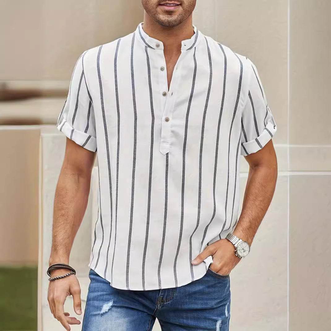 Casual Summer Men's Short Sleeve Shirt - Striped Linen in Various Colors - Buy Center US