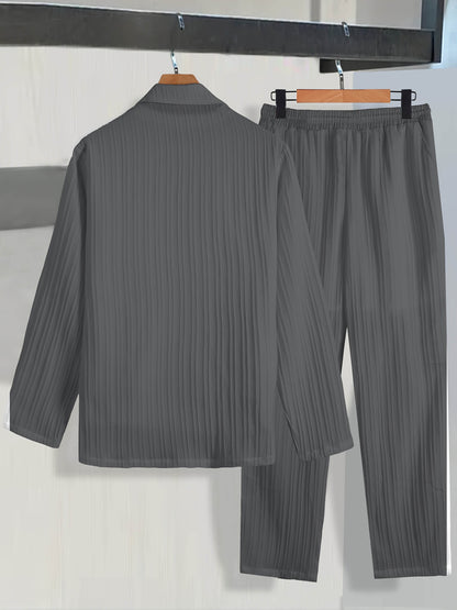 Men's Casual Suit Set - Long Sleeve Shirt & Drawstring Trousers - Buy Center US