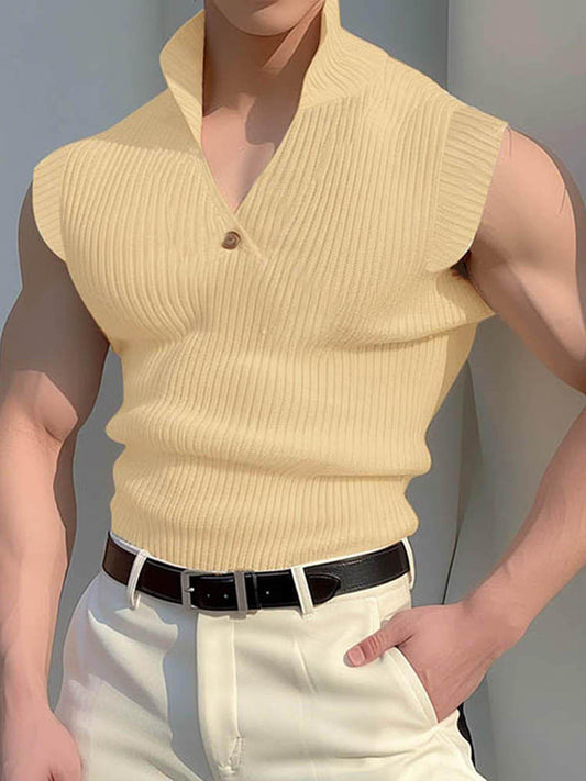 Men's Casual Ribbed Knit Sleeveless Shirt - Lapel Collar Button-Up Tank - Buy Center US