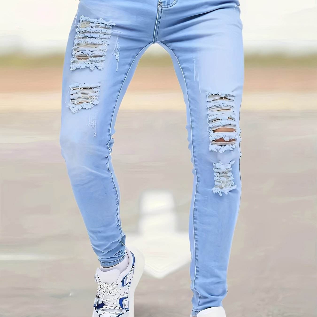 Men's Slim Fit Light Blue Washed Jeans - Stretch Denim for Spring/Fall - Buy Center US