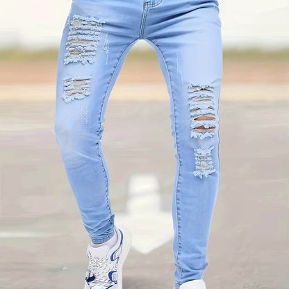 Men's Slim Fit Light Blue Washed Jeans - Stretch Denim for Spring/Fall - Buy Center US