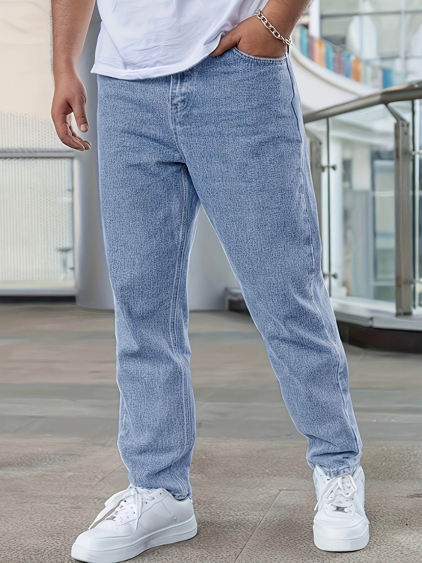 Men's Denim Jeans - Fashionable Light Blue Straight-Leg Style with Pockets - Buy Center US