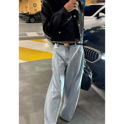 Women's High Waist Pleated Wide-Leg Jeans - Korean Style, Blue or White - Buy Center US