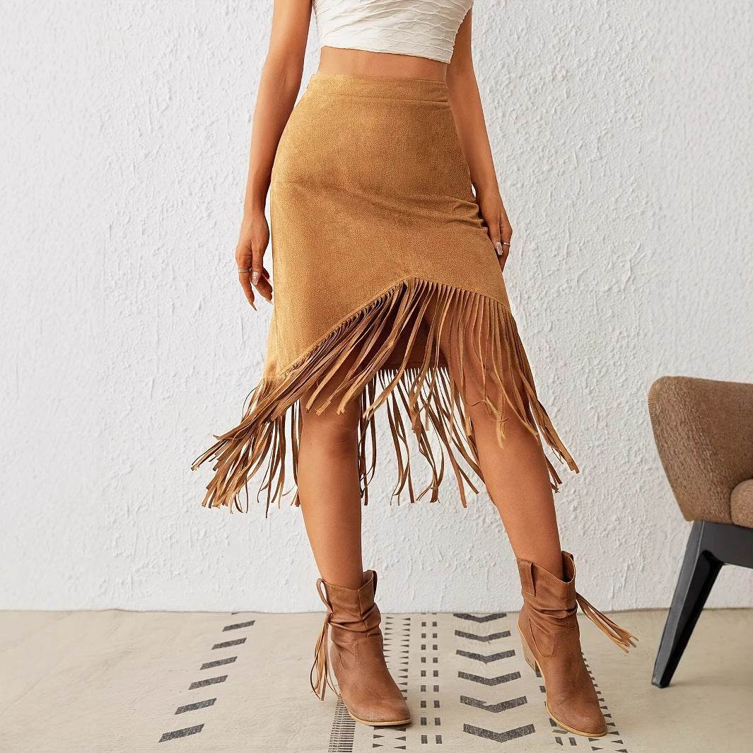 Women's Western Style Fringe A-Line Skirt - High Waisted, Casual Chic - Buy Center US