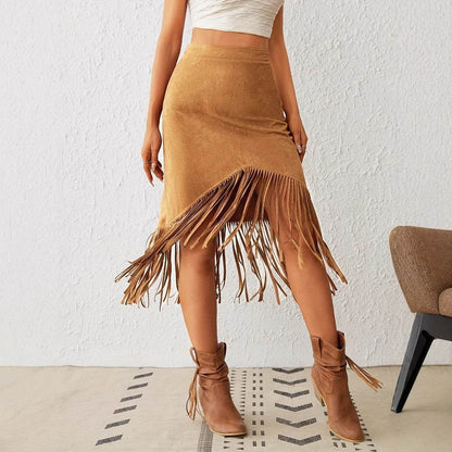 Women's Western Style Fringe A-Line Skirt - High Waisted, Casual Chic - Buy Center US