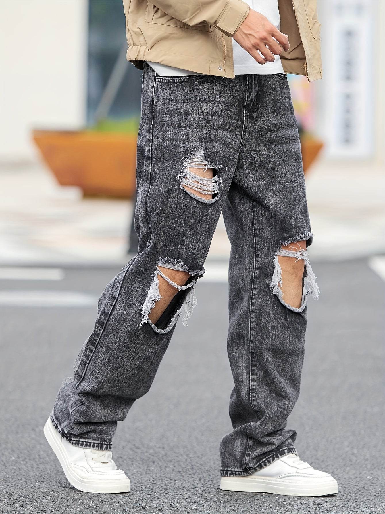 Men's Casual Wide-Leg Denim Jeans - Dark Grey Ripped Trousers, All-Season - Buy Center US