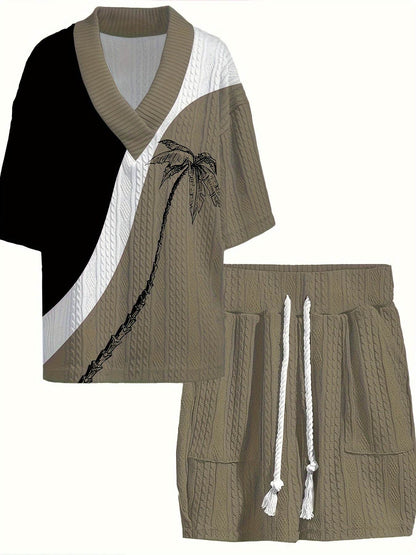 Men's Casual Knit Sweater Set - V-Neck & Drawstring Shorts in Black/Olive - Buy Center US