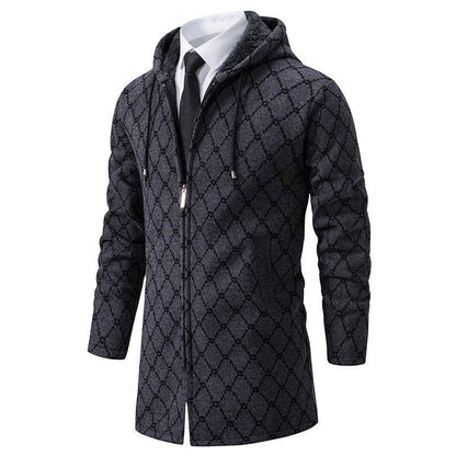Buycenter Men's Casual Hooded Coat - Mid-Length Plaid Sweater Jacket - Buy Center US