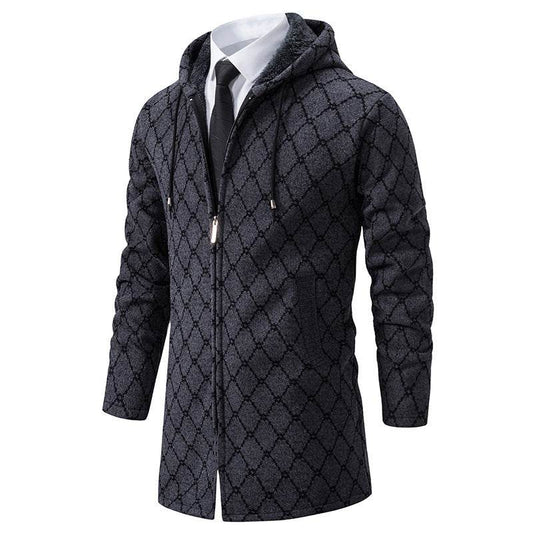 Buycenter Men's Casual Hooded Coat - Mid-Length Plaid Sweater Jacket - Buy Center US