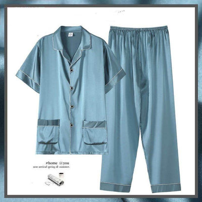 Buycenter Men's Summer Short Sleeve Trousers Suit - Thin Ice Silk Homewear - Buy Center US