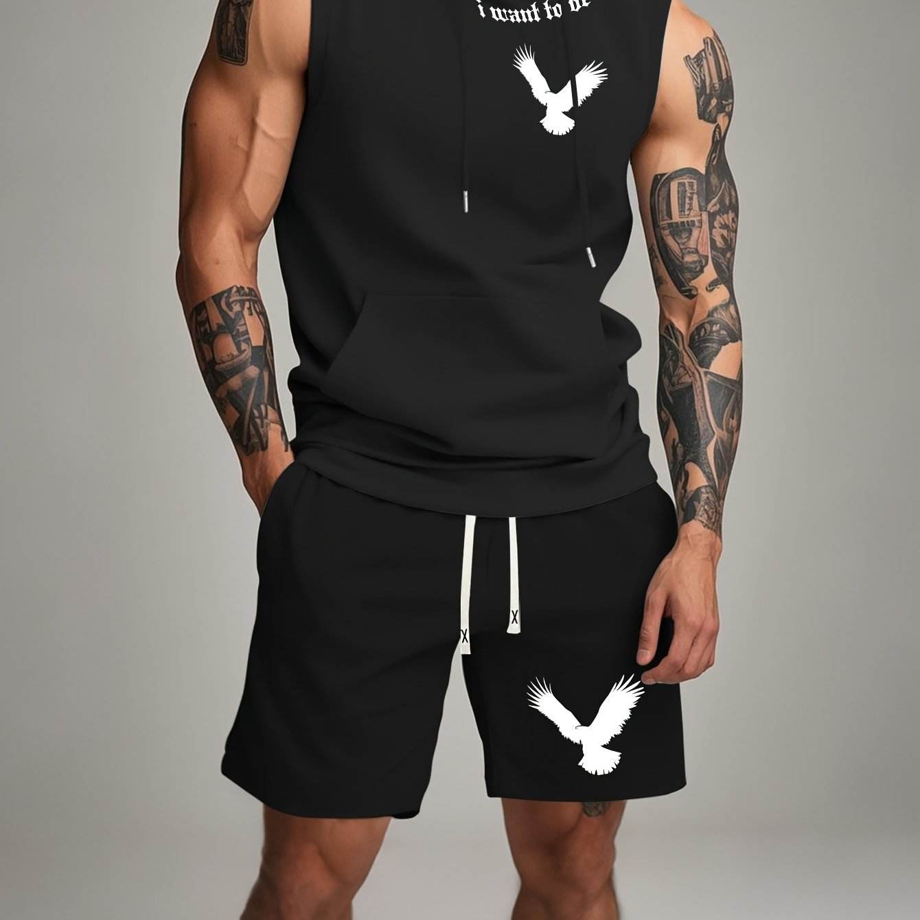 Black Sleeveless Hoodie & Shorts Set - White Bird Print, Casual Outdoor Wear - Buy Center US