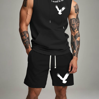 Black Sleeveless Hoodie & Shorts Set - White Bird Print, Casual Outdoor Wear - Buy Center US
