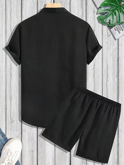 Men's Solid Color Jacquard Shirt & Drawstring Shorts Set - Casual Style - Buy Center US