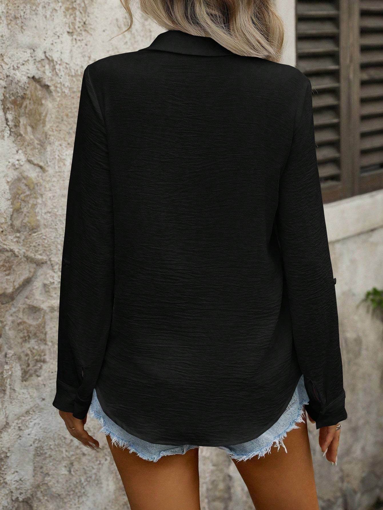 Casual Solid Color Button-Front Long Sleeve Shirt - Elegant V-Neck Style - Buy Center US