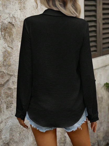 Casual Solid Color Button-Front Long Sleeve Shirt - Elegant V-Neck Style - Buy Center US