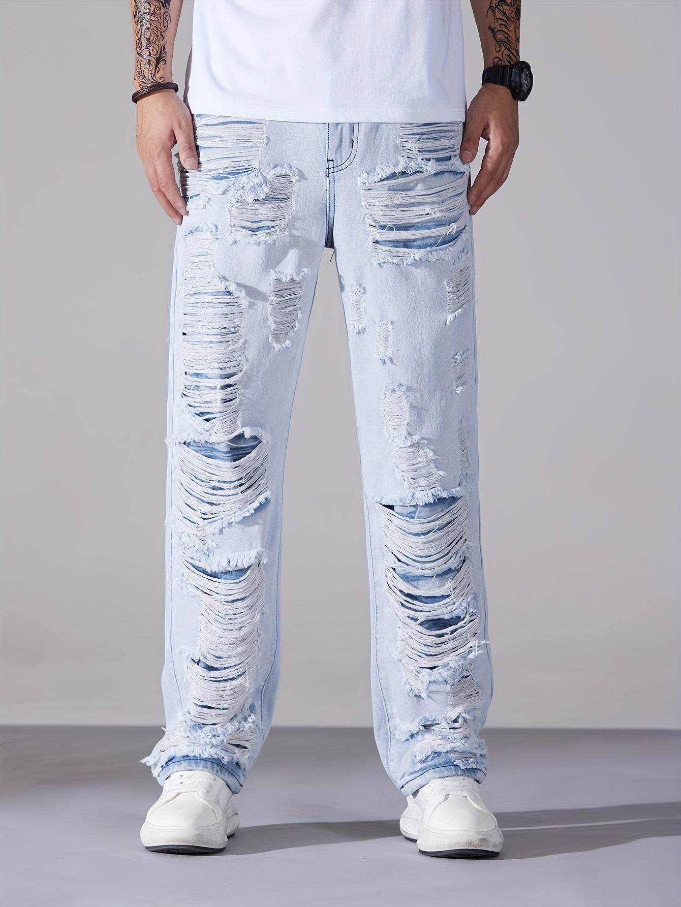 Men's Casual Distressed Denim Jeans - Solid Color, Regular Fit, Ripped Details - Buy Center US