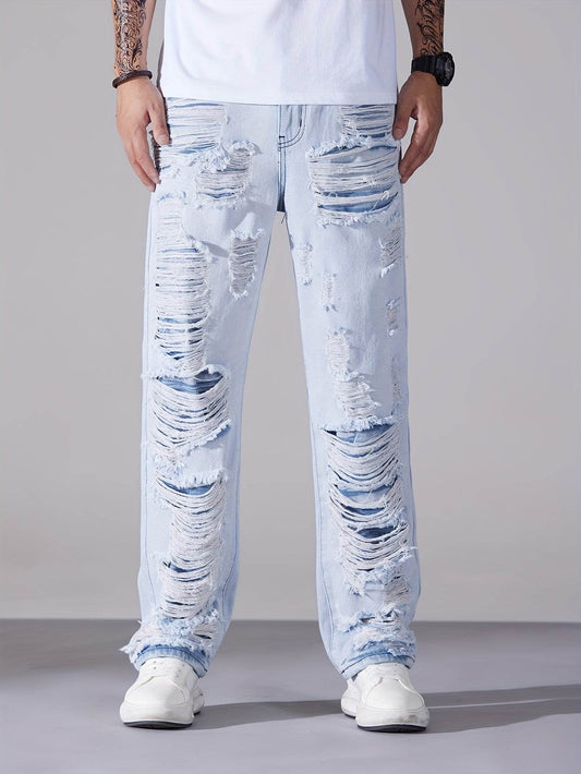 Men's Casual Distressed Denim Jeans - Solid Color, Regular Fit, Ripped Details - Buy Center US