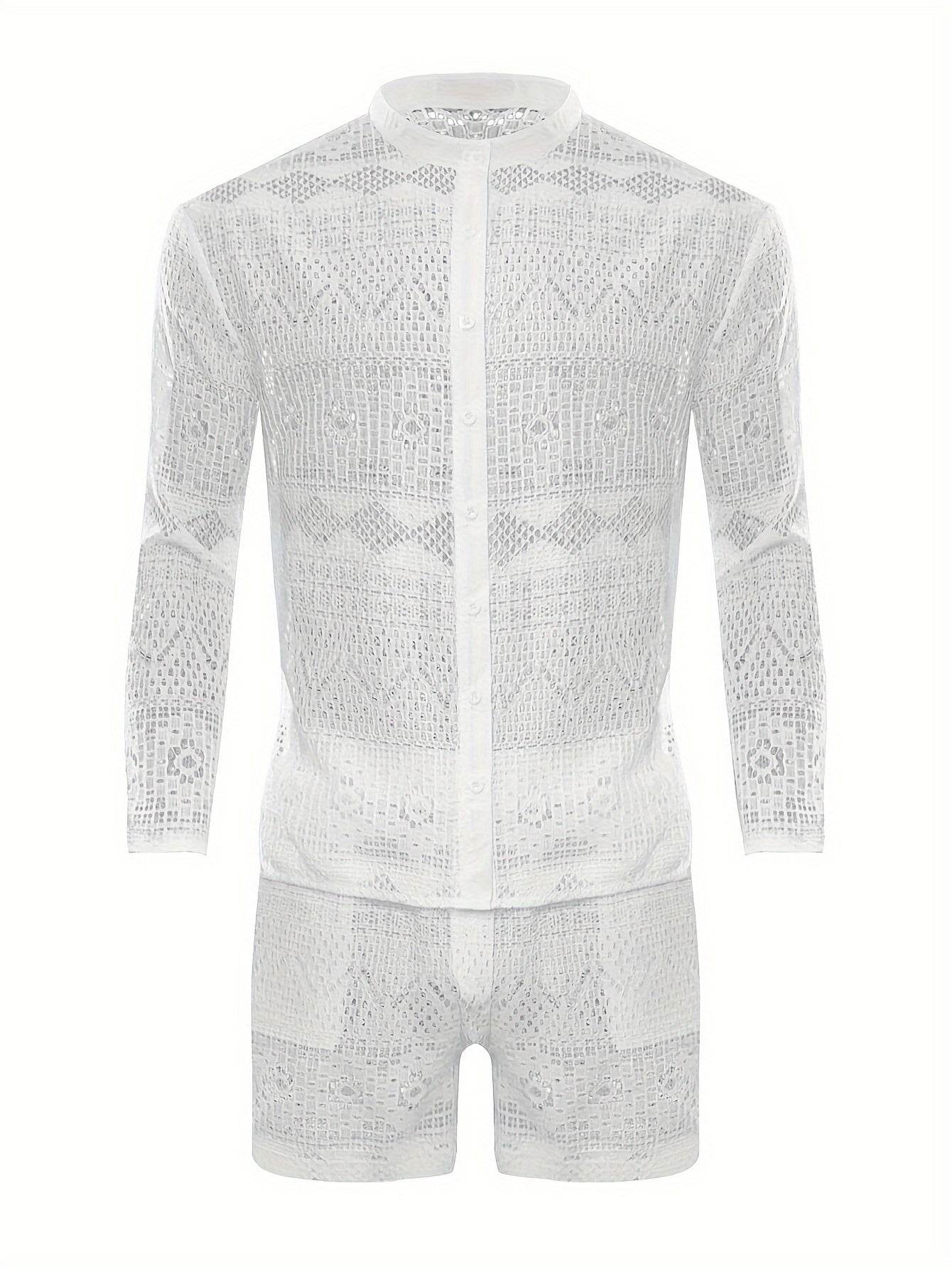 Men's Lace Sheer 2-Piece Shirt and Shorts Set - Sexy Summer Outfit - Buy Center US
