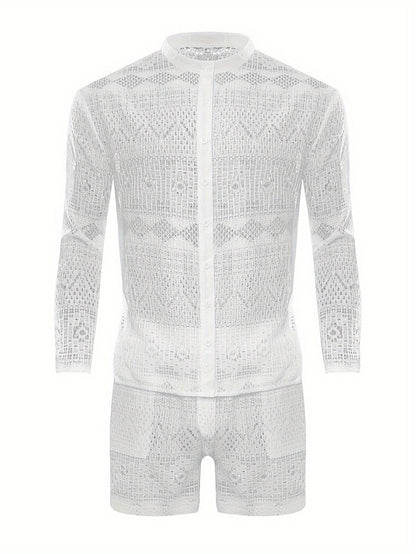 Men's Lace Sheer 2-Piece Shirt and Shorts Set - Sexy Summer Outfit - Buy Center US