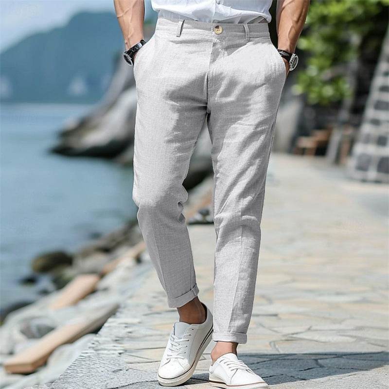 Men's Linen Summer Trousers - Button Front, Slant Pockets, Straight-Leg - Buy Center US
