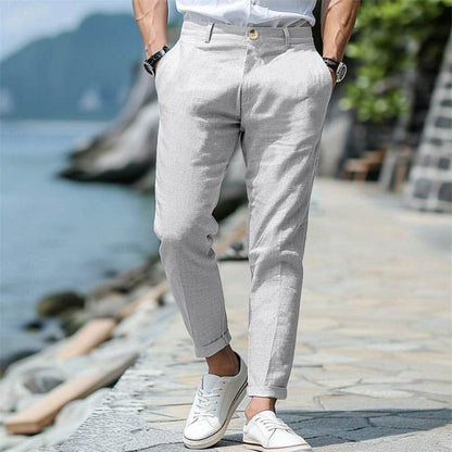 Men's Linen Summer Trousers - Button Front, Slant Pockets, Straight-Leg - Buy Center US