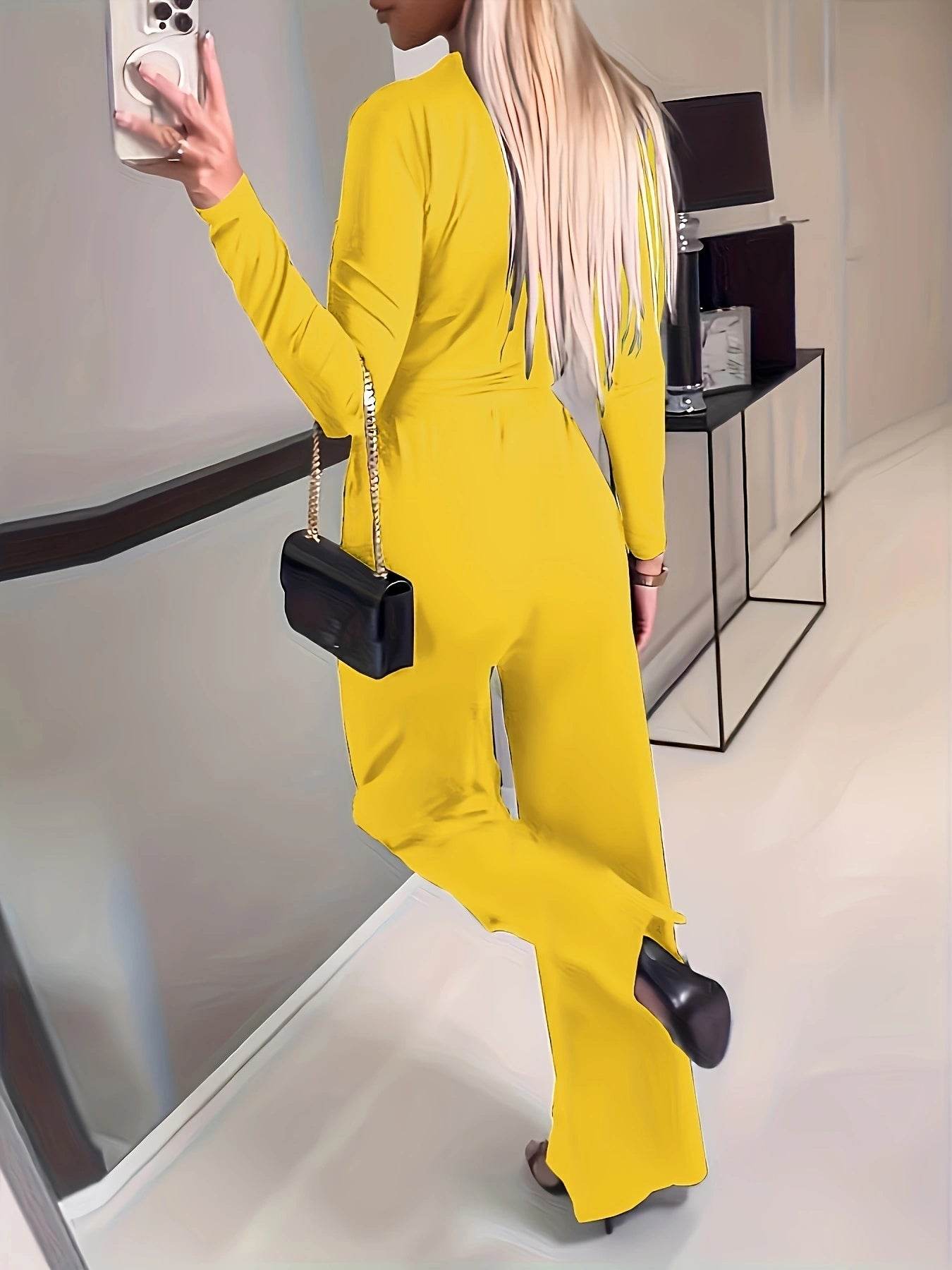 Yellow Women's Long Sleeve Jumpsuit - Casual Lightweight Fit for Spring - Buy Center US