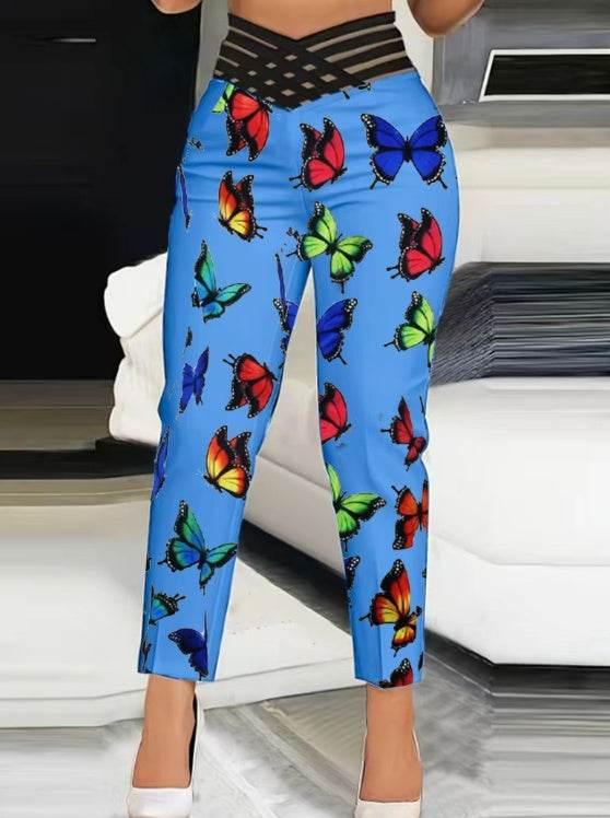 Ladies' Butterfly Printed High Waisted Pants - Casual Slim Fit Design - Buy Center US