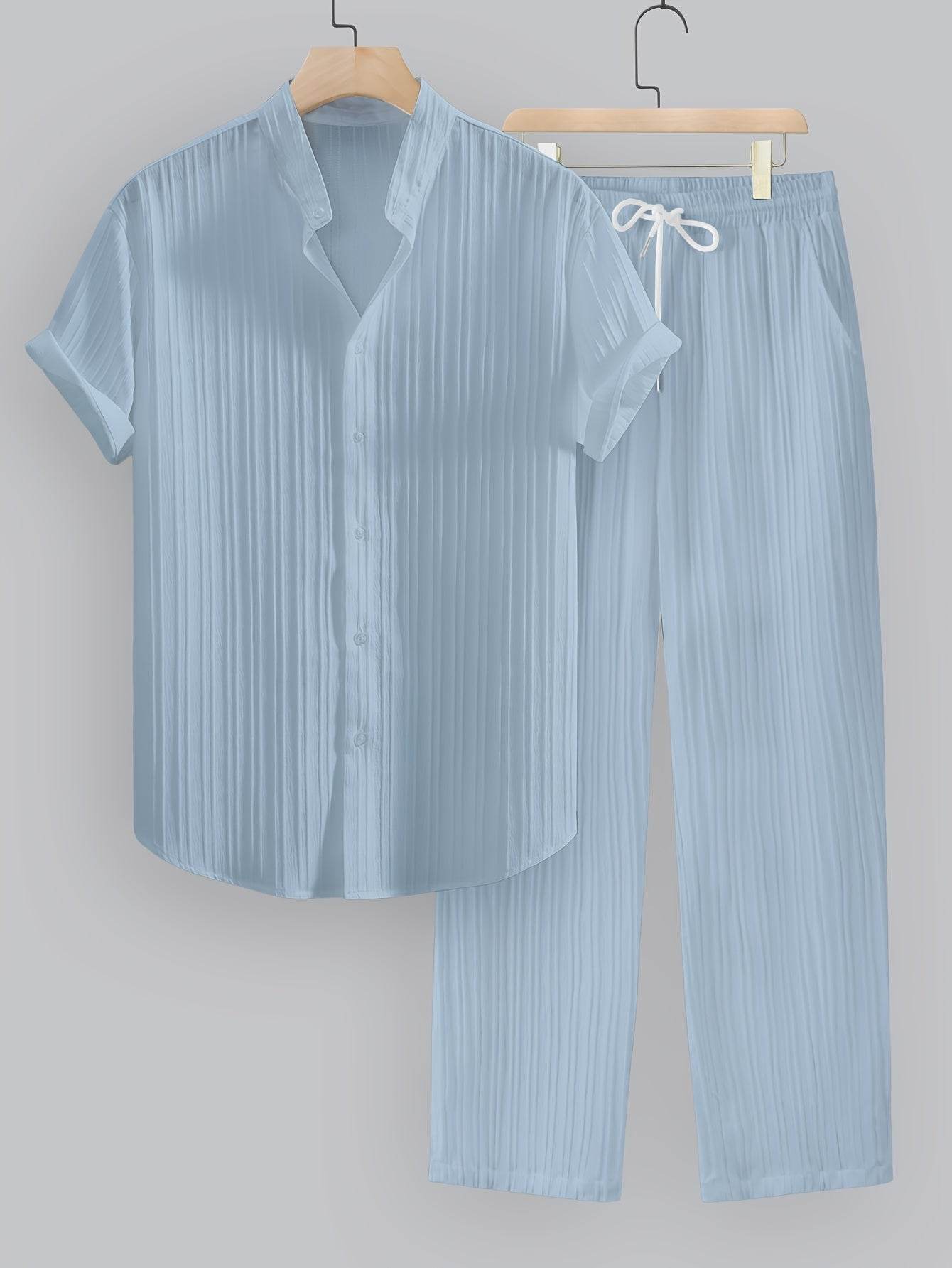 Men's Summer Casual Outfit Set - Striped Short Sleeve Shirt & Drawstring Pants - Buy Center US