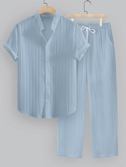 Men's Summer Casual Outfit Set - Striped Short Sleeve Shirt & Drawstring Pants - Buy Center US