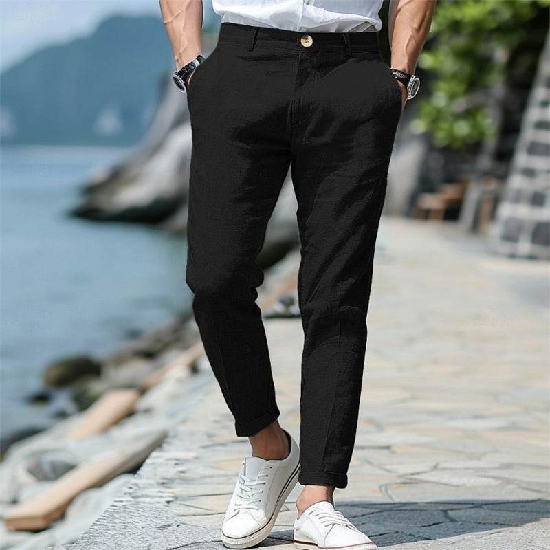 Men's Linen Summer Trousers - Button Front, Slant Pockets, Straight-Leg - Buy Center US