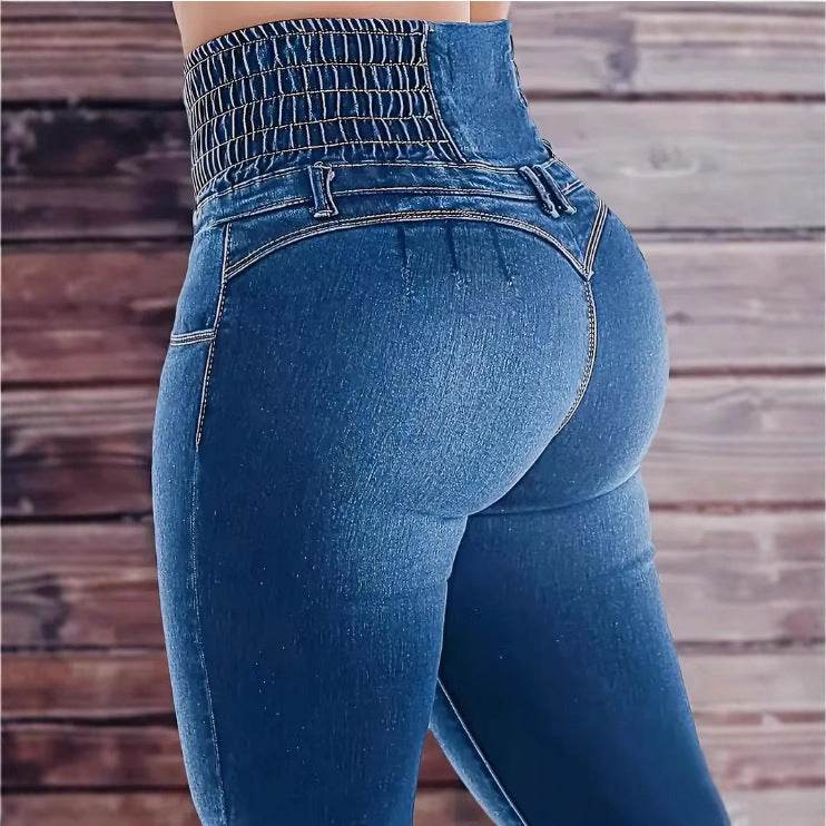 Women's High Waist Stretch Denim Pants - Dark & Light Blue Options - Buy Center US