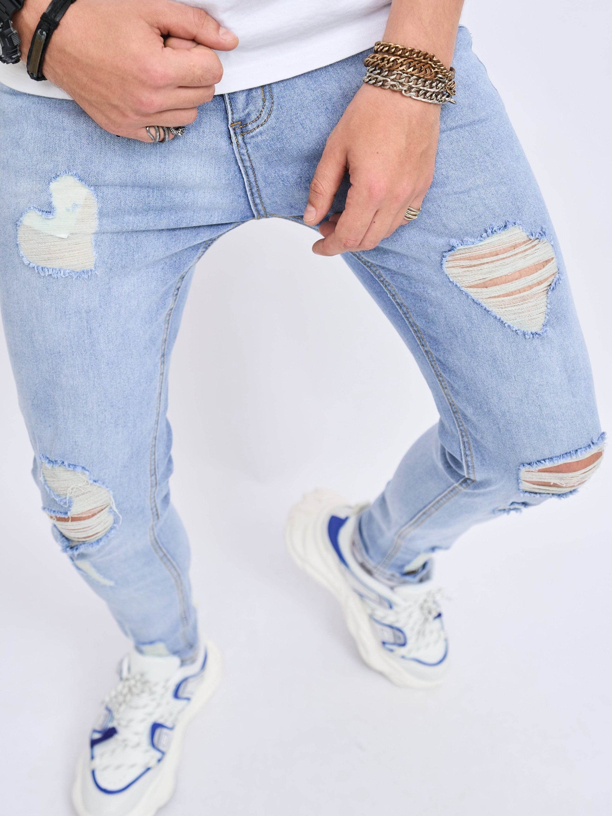 Men's Cotton Blend Distressed Jeans - Chic Slim Fit for All Seasons - Buy Center US