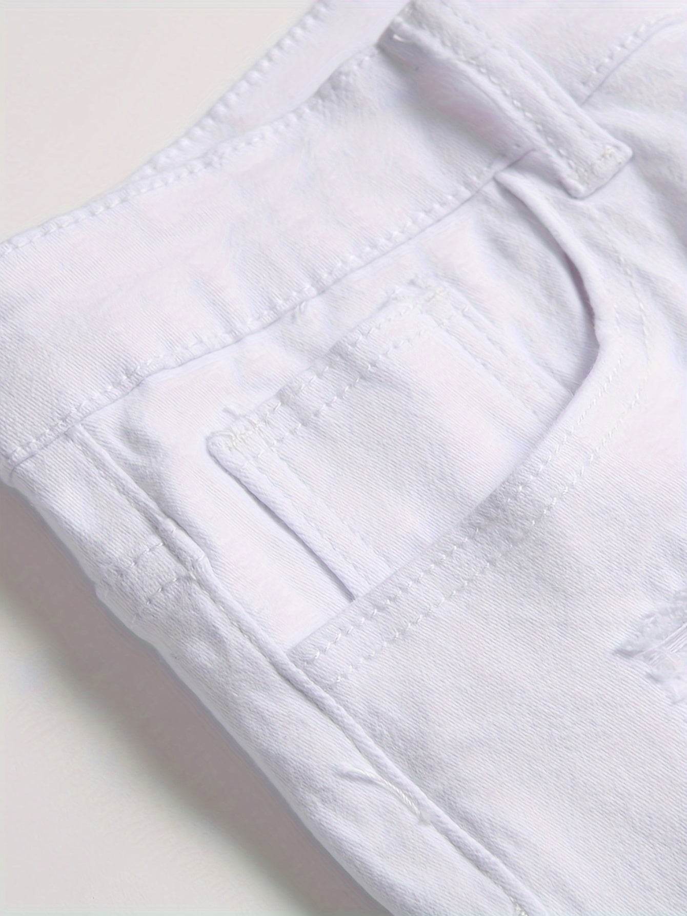 Men's Slim-Fit White Jeans - Ripped Stretch Denim for Casual Style - Buy Center US