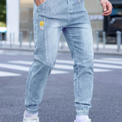 Men's Cropped Denim Pants with Pockets - Casual Drawstring Cotton Blend - Buy Center US