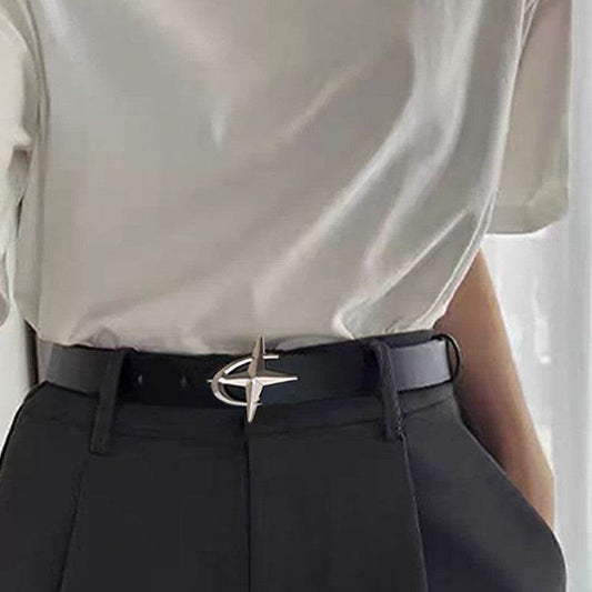 Cross Star Buckle Women's Belt - Dark Night Black PU Leather Style - Buy Center US