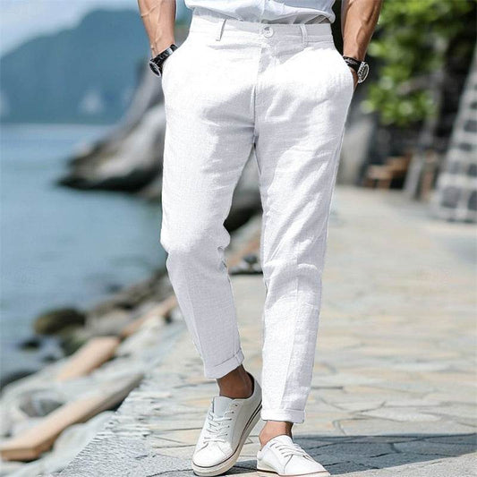 Men's Linen Summer Trousers - Button Front, Slant Pockets, Straight-Leg - Buy Center US