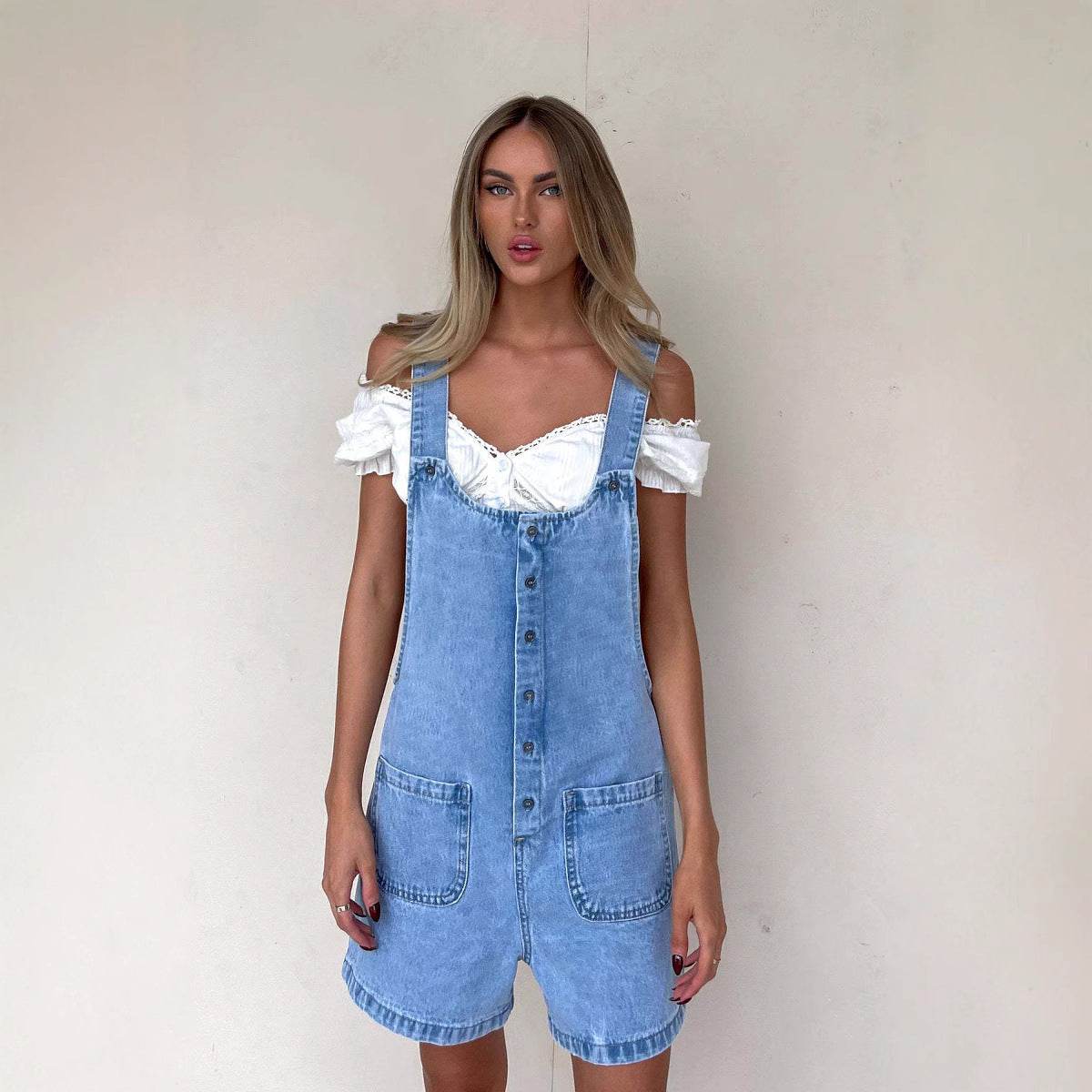 Women's Slim Straight Suspender Trousers - Denim Blue One-Piece Style - Buy Center US