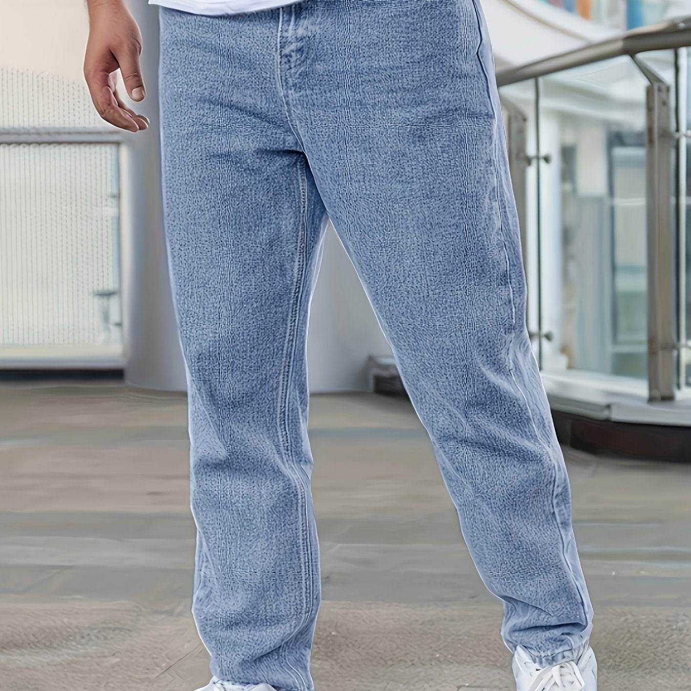 Men's Denim Jeans - Fashionable Light Blue Straight-Leg Style with Pockets - Buy Center US