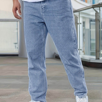 Men's Denim Jeans - Fashionable Light Blue Straight-Leg Style with Pockets - Buy Center US