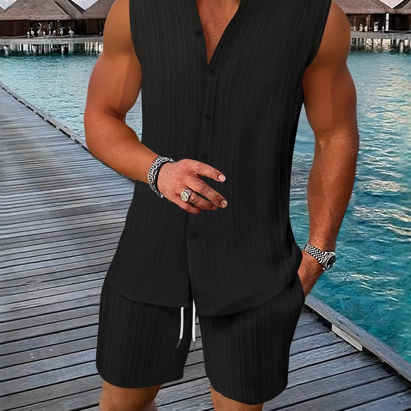 Summer Men's Casual Henley Neck Tank Top & Shorts Beach Set - Buy Center US