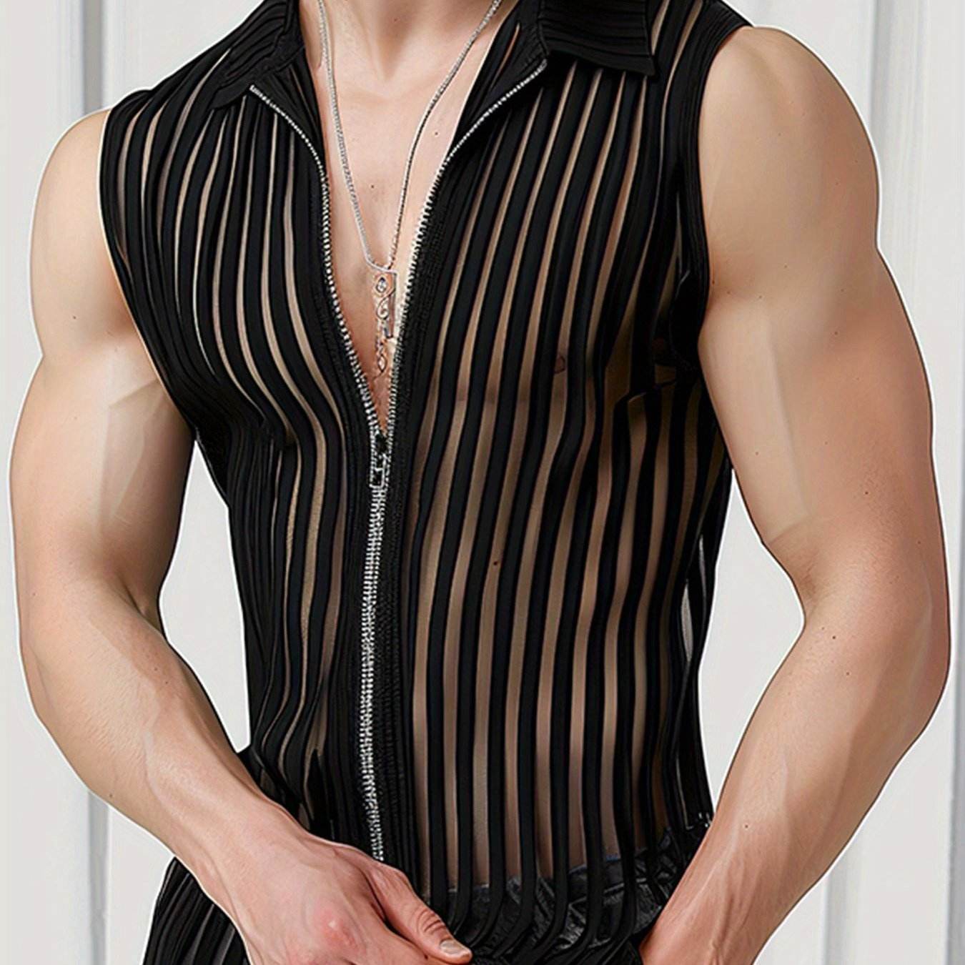 INCERUN Men's Sheer Striped Tank Top - Sexy Zipper Vest for Summer Fun - Buy Center US