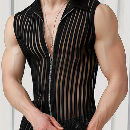 INCERUN Men's Sheer Striped Tank Top - Sexy Zipper Vest for Summer Fun - Buy Center US